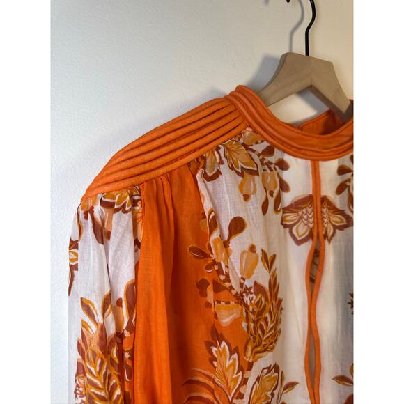 Farm Rio Aura Piping Trim Floral Print Blouse in Floral Orange Print, NWT Size M - Picture 3 of 9